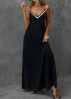 Kadın Ip Askılı V şerit Yakalı Uzun Viskon Elbise