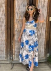 Kadın Ip Askılı V Yakalı Bel Güpür çiçek Desenli Yandan Yırtmaçlı Maksi Süprem Elbise