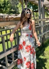 Kadın Ip Askılı V Yakalı Bel Güpür çiçek Desenli Yandan Yırtmaçlı Maksi Süprem Elbise