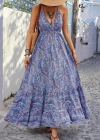 Kadın Ip Askılı V Yakalı Sırtı Açık Boyundan Bağlamalı Uzun Desenli Süprem Elbise