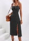 Kadın Ip Askılı Yuvarlak Yaka Puantiyeli Yırtmaçlı Midi Süprem Elbise