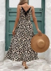 Kadın Ip Askılı Yuvarlak Yakalı Arkası V Yakalı Yırtmaçlı Uzun Leopar Desenli Süprem Elbise