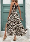 Kadın Ip Askılı Yuvarlak Yakalı Arkası V Yakalı Yırtmaçlı Uzun Leopar Desenli Süprem Elbise