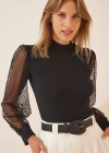 Kadın iyah Kolu Tül Detaylı Yarım Balıkçı Kaşkorse Bluz 6160
