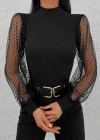 Kadın iyah Kolu Tül Detaylı Yarım Balıkçı Kaşkorse Bluz