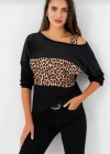 Kadın Kadife Kumaş Leopar Desenli Omuz Detay Uzun Kollu Bluz