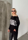 Kadın Kadife Kumaş Zebra Desenli Omuz Detay Uzun Kollu Bluz