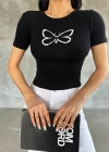 Kadın Kelebek Desenli Bisiklet Yaka Fit Bluz