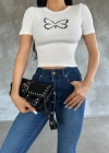 Kadın Kelebek Desenli Bisiklet Yaka Fit Bluz