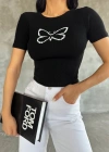 Kadın Kelebek Desenli Bisiklet Yaka Fit Bluz