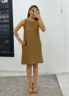 Kadın Keten Kumaş Cep Detaylı Sıfır Kol Elbise