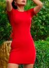 Kadın Kırmızı Kısa Kol Bel Detay Kaşkorse Elbise