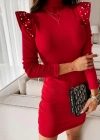 Kadın Kırmızı Uzun Kollu Balıkçı Yaka Omuzlarda Pile Inci Detay Kaşkorse Elbise