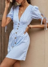 Kadın Kısa Bağcıklı Kol Kruvaze Yaka önden Düğmeli Kısa Poplin Elbise