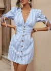 Kadın Kısa Bağcıklı Kol Kruvaze Yaka önden Düğmeli Kısa Poplin Elbise