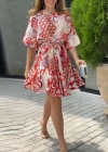 Kadın Kısa Balon Kollu Yuvarlak Yakalı Pileli Desenli Mini Elbise
