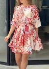 Kadın Kısa Balon Kollu Yuvarlak Yakalı Pileli Desenli Mini Elbise