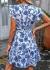 Kadın Kısa Fırfır Kollu Kruvaze Yaka çiçekli Atlas Elbise