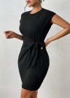 Kadın Kısa Kap Kollu Bisiklet Yaka Belden Bağlamalı odal ini Elbise