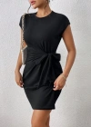 Kadın Kısa Kap Kollu Bisiklet Yaka Belden Bağlamalı odal ini Elbise