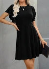 Kadın Kısa Kelebek Kollu Bisiklet Yaka Janjan Krep Elbise