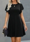Kadın Kısa Kelebek Kollu Bisiklet Yaka Janjan Krep Elbise