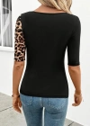 Kadın Kısa Kollu Asimetrik Kesim V Detaylı Leopar Desenli Viskon Bluz
