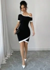 Kadın Kısa Kollu Asimetrik Kesim Yaka şerit Ve Aksesuar Detaylı odal Elbise