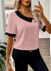 Kadın Kısa Kollu Asımetrik Yaka Detaylı Düğmeli Dubai Bluz