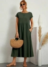 Kadın Kısa Kollu Bel Büzgü Detay Bürümcük Midi Boy Salaş Elbise
