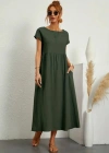Kadın Kısa Kollu Bel Büzgü Detay Bürümcük Midi Boy Salaş Elbise