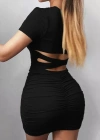 Kadın Kısa Kollu Bel çapraz Detay Dekolteli Eteği Büzgülü Sandy Mini Elbise