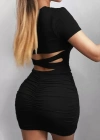 Kadın Kısa Kollu Bel çapraz Detay Dekolteli Eteği Büzgülü Sandy Mini Elbise