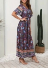 Kadın Kısa Kollu Beli Lastikli çiçek Desen Tam Boy Elbise
