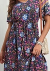 Kadın Kısa Kollu Beli Lastikli çiçek Desen Tam Boy Elbise
