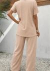 Kadın Kısa Kollu Bisiklet Yaka Asimetrik Kesim Detaylı Bürümcük Bluz Ve Pantolon Ikili Takım