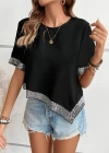 Kadın Kısa Kollu Bisiklet Yaka Asimetrik Kesim Detaylı Pul Payetli Krep Bluz