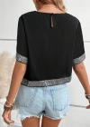 Kadın Kısa Kollu Bisiklet Yaka Asimetrik Kesim Detaylı Pul Payetli Krep Bluz