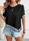 Kadın Kısa Kollu Bisiklet Yaka Asimetrik Kesim Detaylı Pul Payetli Krep Bluz
