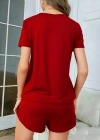 Kadın Kısa Kollu Bisiklet Yaka Baskılı Viskon Bluz Ve şort Ikili Takım