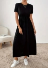 Kadın Kısa Kollu Bisiklet Yaka Belden Bağcıklı Cepli Viskon Elbise