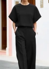 Kadın Kısa Kollu Bisiklet Yaka Bluz Yüksek Bel Cep Detaylı Pantolon Atlas Ikili Takım