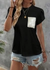 Kadın Kısa Kollu Bisiklet Yaka Cep Pul Payet Detay Viskon Bluz