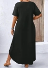 Kadın Kısa Kollu Bisiklet Yaka Cepli Salaş Viskon Elbise