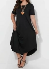 Kadın Kısa Kollu Bisiklet Yaka Cepli Salaş Viskon Elbise