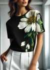 Kadın Kısa Kollu Bisiklet Yaka çiçek Baskılı Süprem Bluz