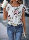 Kadın Kısa Kollu Bisiklet Yaka çiçek Baskılı Süprem Bluz