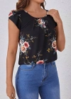 Kadın Kısa Kollu Bisiklet Yaka çiçek Baskılı Süprem Bluz