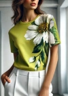 Kadın Kısa Kollu Bisiklet Yaka çiçek Baskılı Süprem Bluz