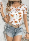 Kadın Kısa Kollu Bisiklet Yaka çiçek Baskılı Süprem Bluz